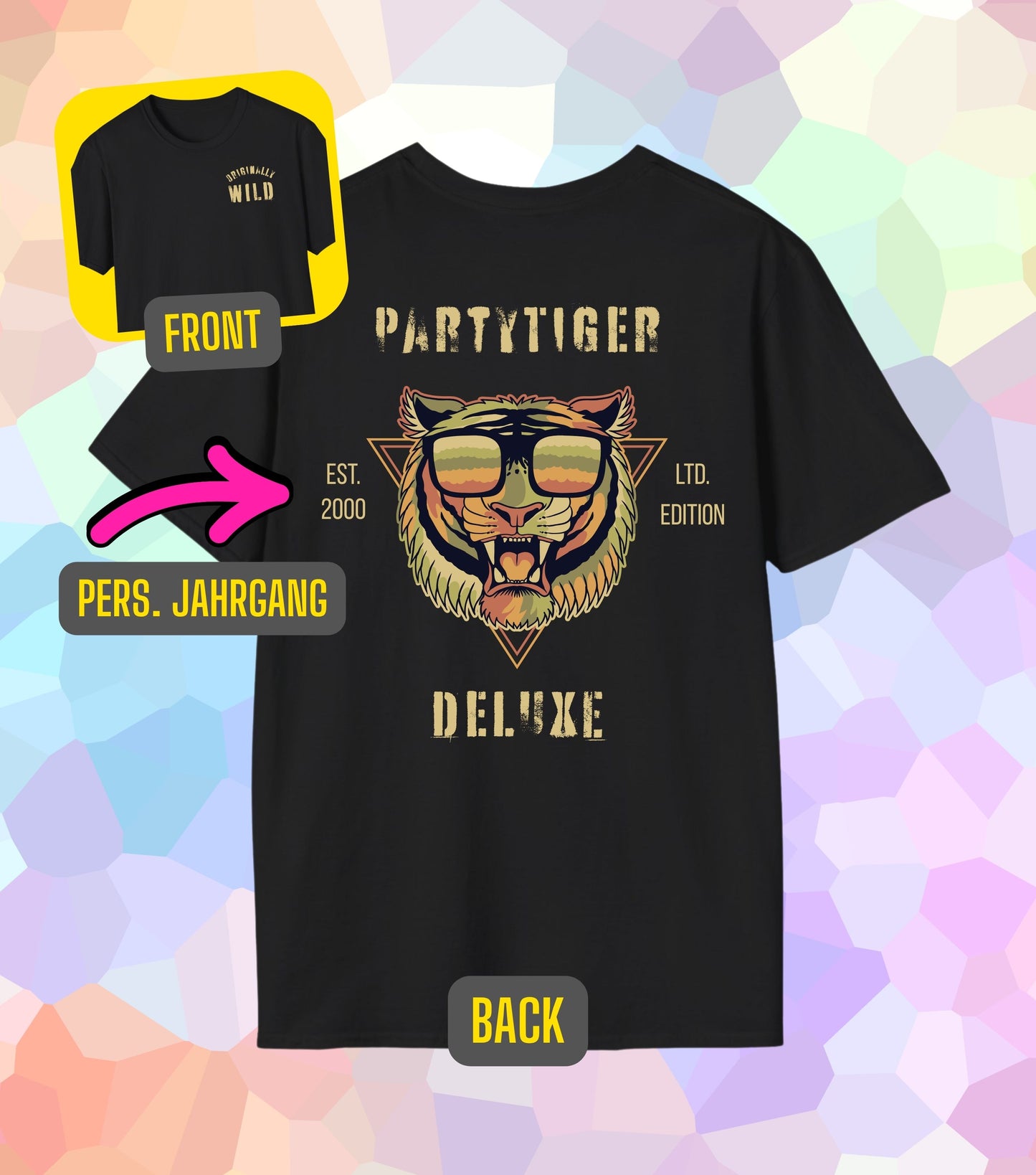 Wilder Partytiger Geburtsjahr T-Shirt (personalisiert)