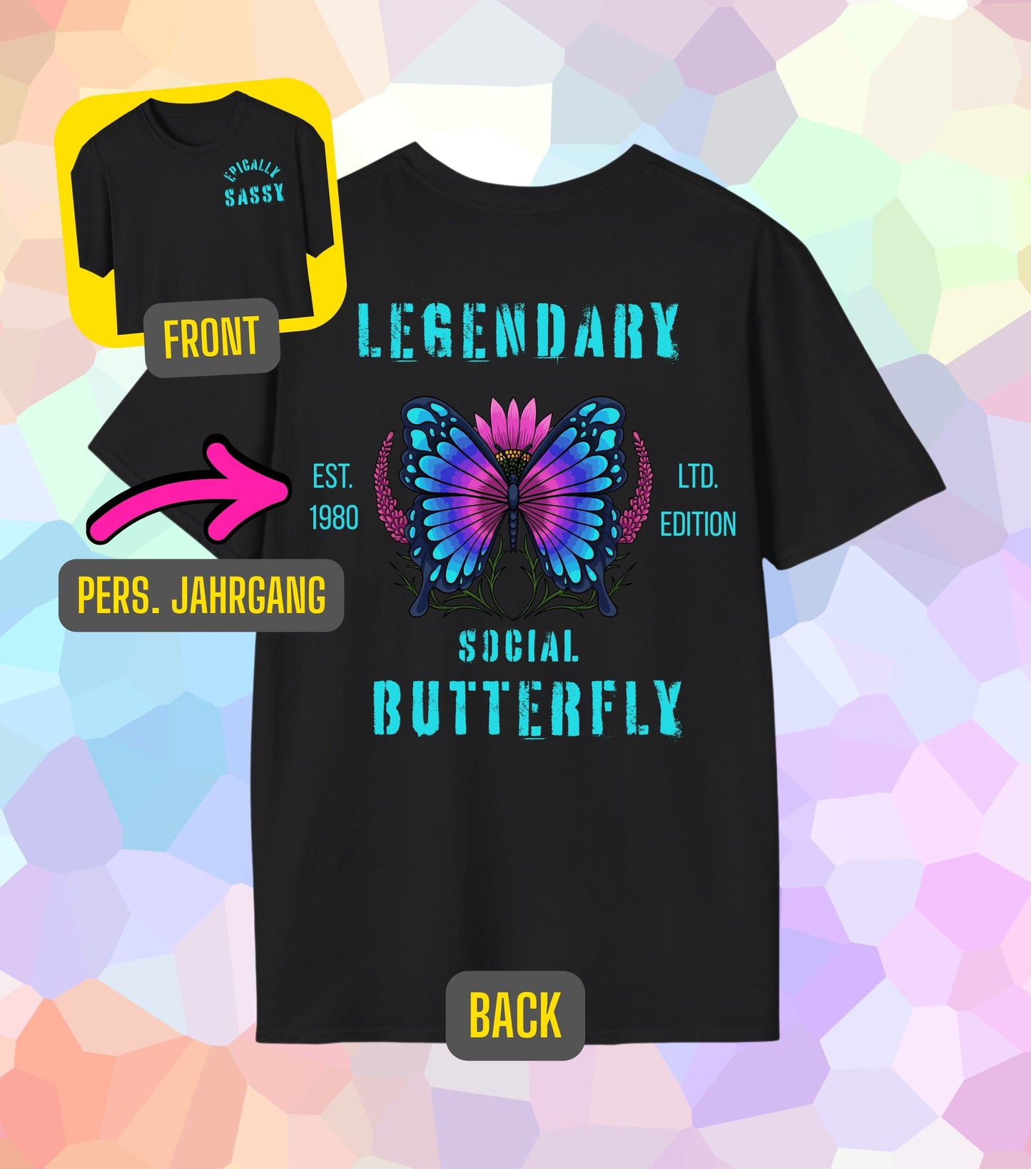 Legendary Social Butterfly Geburtsjahr T-Shirt (personalisiert)
