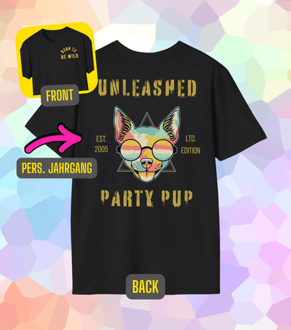 Unleashed Party Pup Geburtsjahr T-Shirt (personalisiert)